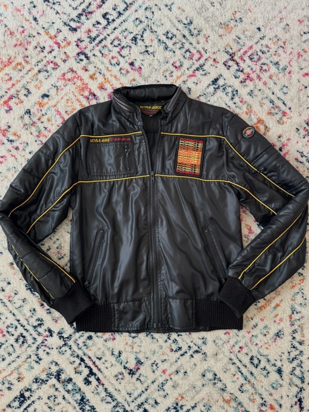 VTG Porsche style auto black bomber Jacket with Yellow Trim awesome